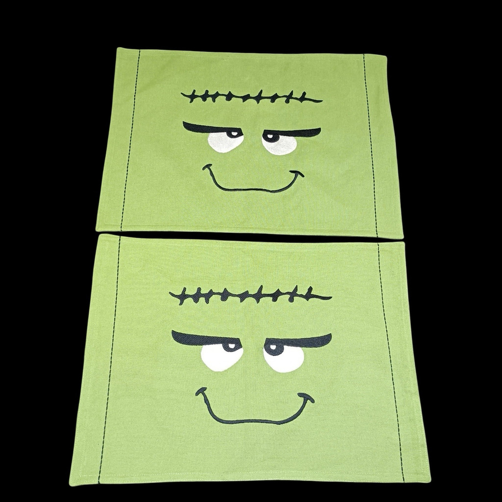 Set (2) Green Frankenstein Placemats Halloween Decor Cute Spooky NWOT Never Used